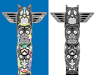 indian totem carved owl and scary faces