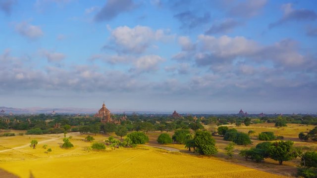 Landscape with Temples in Bagan, Myanmar (Burma), pan timelapse, 4k
