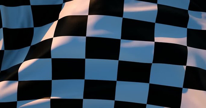 A 3D animation of a black and white checkered flag which is flapping in the wind.