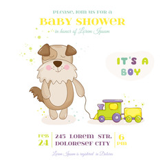 Baby Shower or Arrival Card - Baby Dog with Train Toy - in vector