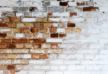 Old chipped white brick wall texture background, whitewashed grungy brick wall with peeling plaster layer, abstract red white vintage background