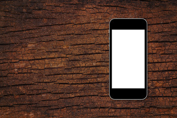 Smart phone with white screen on wood background