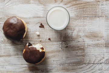 Donuts with chocolate frosting and a glass of milk