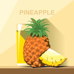 A glass of yellow pineapple juice, a whole big ripe pineapple with green leaves and a slice of pineapple on a table, digital vector image.