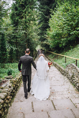 Fototapeta premium Bride and groom at wedding Day walking Outdoors on spring nature. Bridal couple, Happy Newlywed woman and man embracing in green park. Loving wedding couple outdoor. Bride and groom