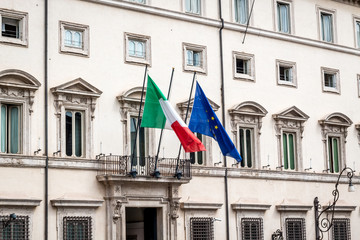 Fototapeta na wymiar Italy and the European union flag on a building 