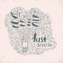 Love is in the Air. Just breathe. Hand drawn typographic  print with hot air balloon and hand lettering inside
