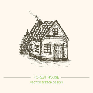 Wood house in retro sketch style. Vector vintage background. Hand drawn old house.  Sketch Vector Illustration
