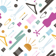 Seamless pattern with sewing items. Vector Illustration