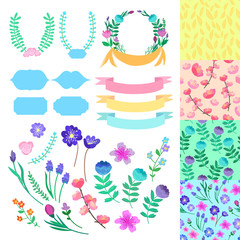 Hand-drawn vector romantic decor set. Decor elements and 4 seaml