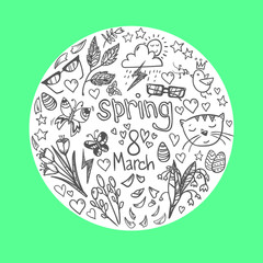 Hand-drawn vector illustration - spring icons. Doodle set