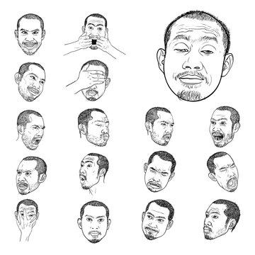 Drawing set of young asian man's portraits
