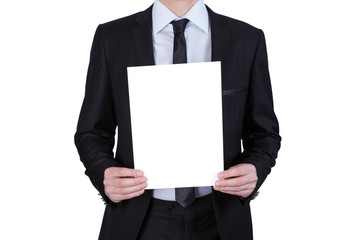 man holding a blank white board