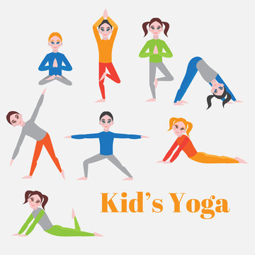 Yoga kids set. Gymnastics for children and healthy lifestyle. Yoga exercises. Yoga class, yoga center, yoga studio. Flat yoga asana.
