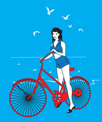 Elegant pinup girl on a bicycle
