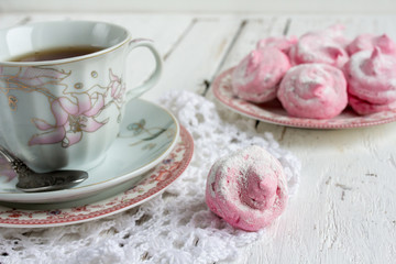 Homemade marshmallows - zephyr with cup of tea