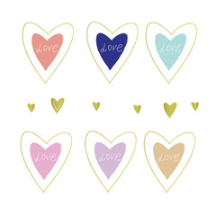 Love Hearts icons set, hand drawn illustration for valentines day, wedding design, greeting cards. Gold and pastel colored