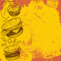 Hamburger background
One cheeseburger and two hamburgers with onion rings and french fries over an abstract background.
- 109328088