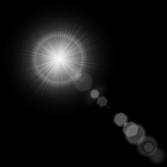 Summer sun with realistic lens flare lights and glow on black background. Vector illustration eps 10
