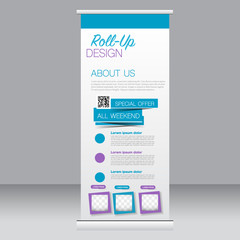 Roll up banner stand template. Abstract background for design,  business, education, advertisement. Blue and purple color. Vector  illustration.