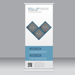 Roll up banner stand template. Abstract background for design,  business, education, advertisement. Blue color. Vector  illustration.