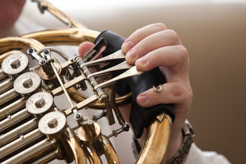 The fingers of the musician playing the French horn