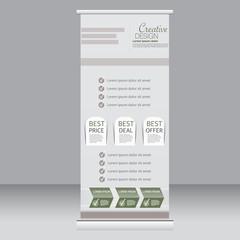 Roll up banner stand template. Abstract background for design,  business, education, advertisement.  Green color. Vector  illustration.