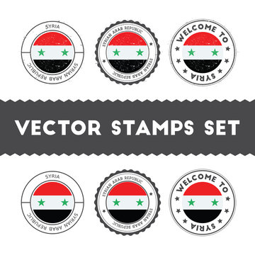 Syrian flag rubber stamps set. National flags grunge stamps. Country round badges collection.