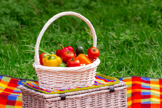 Picnic on the grass. Picnic basket with vegetables.