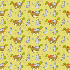 Seamless pattern with rabbits, carrots, cabbages and pushcarts