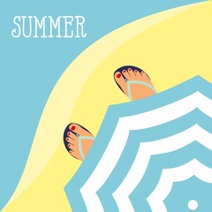 vector background feet in slippers on the background of the beach and the beach umbrella top view. Summer Time Background. Sunny Beach in Flat Design Style Vector Illustration