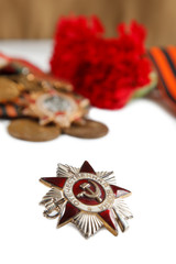 Military cap, order of Great Patriotic war, red flowers, Saint George ribbon isolated. illustrative...