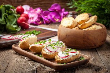 Toasts with radish, chives and cottage cheese on a wooden table.