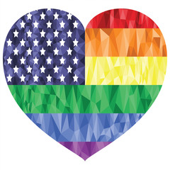 American Flag on the Rainbow Background with low poly art effect in the heart shape representing gay people love, rights, equality,   pride , gay marriage 