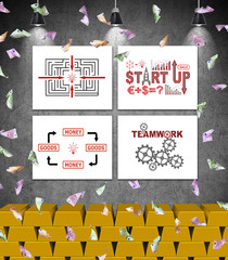 Four placard with start up concept on wall