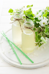 Two bottles of apple cider decorated pear blossom. Selective focus