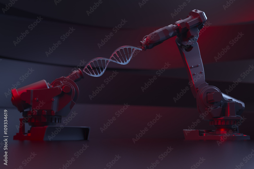 Poster 3d rendering illustration with two robot hands holding dna model