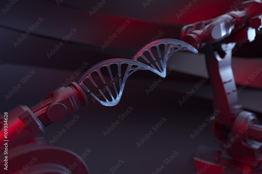 Poster 3d rendering illustration with two robot hands holding dna model