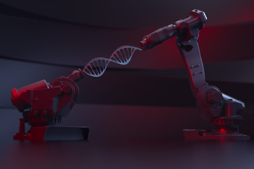 3d rendering illustration with two robot hands holding DNA model