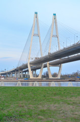 Cable-braced bridge across the river Neva.