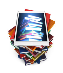 Tablet with the image of books on a stack of books isolated on white background