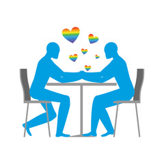 Gays in cafe. Rainbow heart - symbol of LGBT love. Two blue men