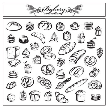 monochrome collection of bread and bakery products