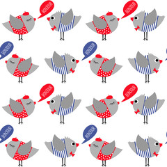 French style dressed birds saying bonjour (hello) seamless pattern on white background. Cute cartoon girl and boy birds vector illustration.  © in_dies_magis