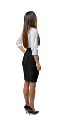 Back view of cutout businesswoman holding her hand on waist.  Business staff. Office clothes. Dress code. Presentable appearance. Beauty and youth.