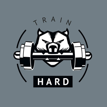 Angry dog with dumbbells. Sports motivation poster. Isolated vector sign