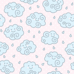 Seamless pattern with funny cartoon clouds on pink peas background.