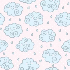 Fotobehang Seamless pattern with funny cartoon clouds on pink peas background. © verock