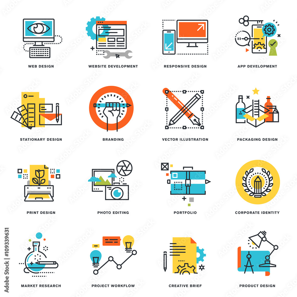 Aufkleber set of flat line design icons of graphic design, website and app design and development. vector illu