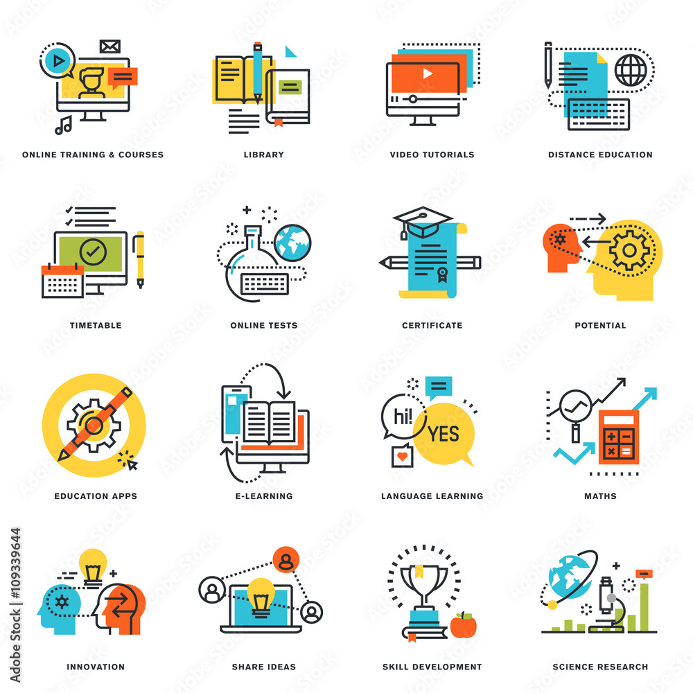 Poster set of flat line design icons of online education and e-learning. vector illustration concepts for g